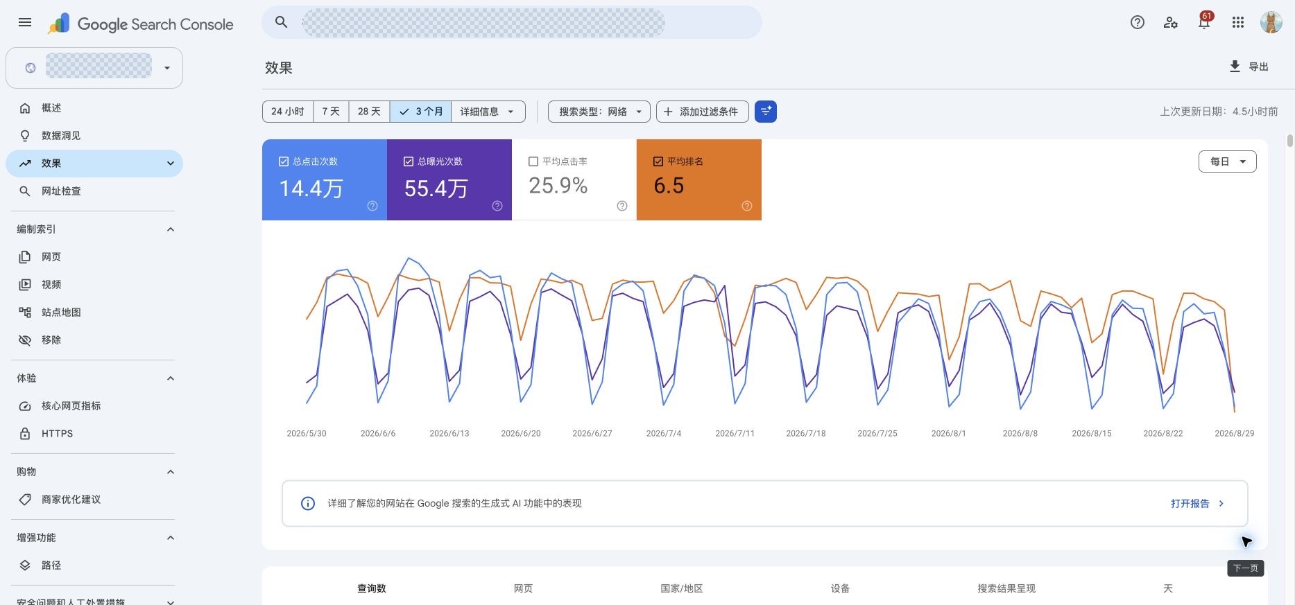 开发者工具站最近三个月 Google Search Console 脱敏成效截图